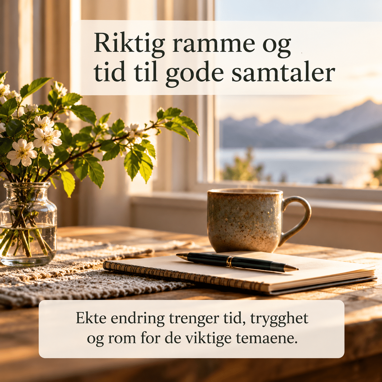 En koselig hverdagsstemning med en varm kaffekopp, en notatblokk med penn og hvite blomster i en vase på et trebord foran et vindu med sjøutsikt. Tekst på bildet fremhever den gode samtalen.