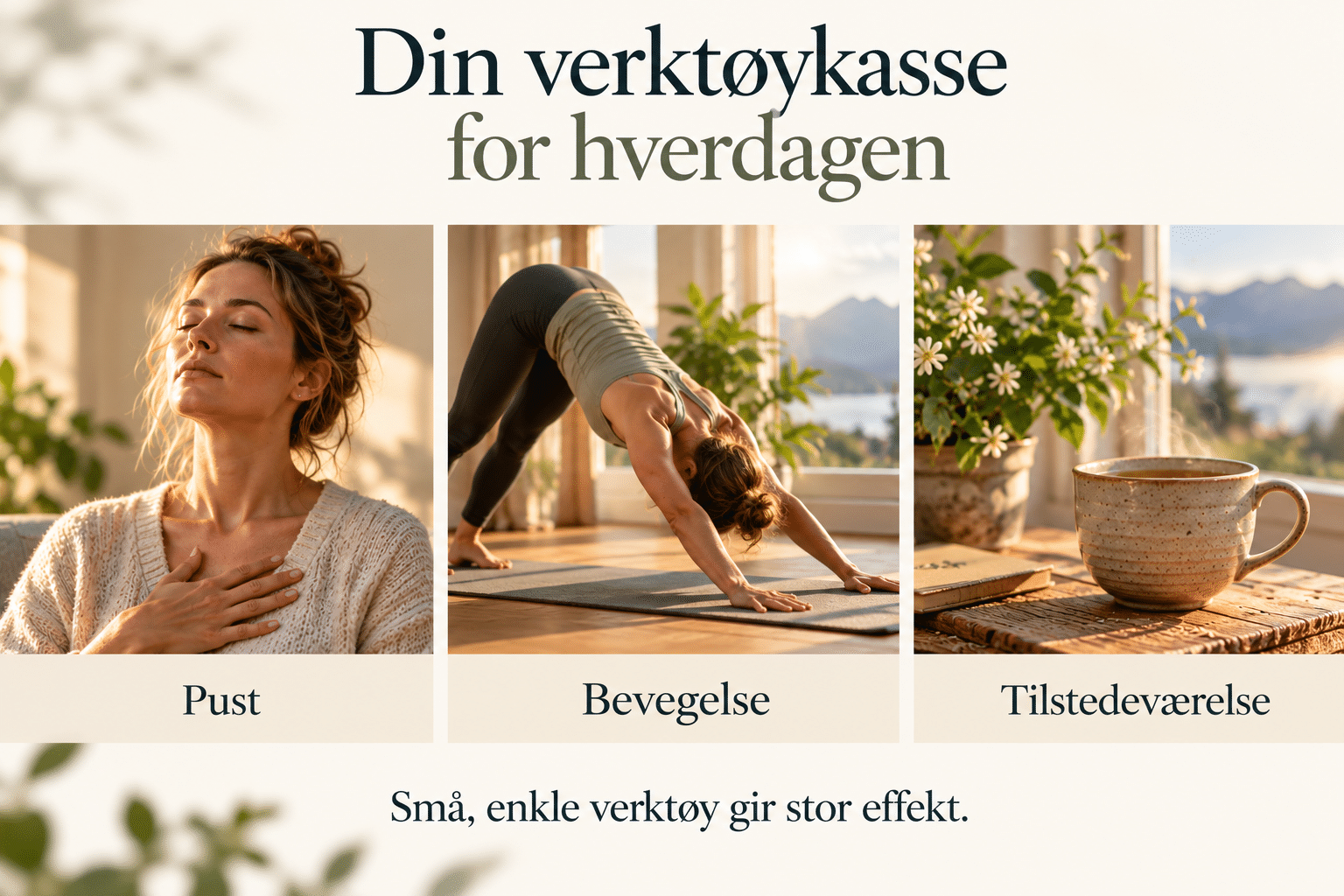 En kollasj i tre deler som viser en kvinne som gjør pusteøvelser, yogaøvelsen hunden som ser ned, og en kaffekopp ved vinduet. Tekst på bildet: Din verktøykasse for hverdagen.