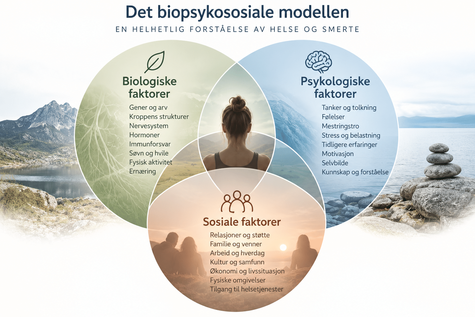 Infografikk som viser den bio-psyko-sosiale modellen for ryggplager med tre tannhjul: biologiske, psykologiske og sosiale faktorer.
